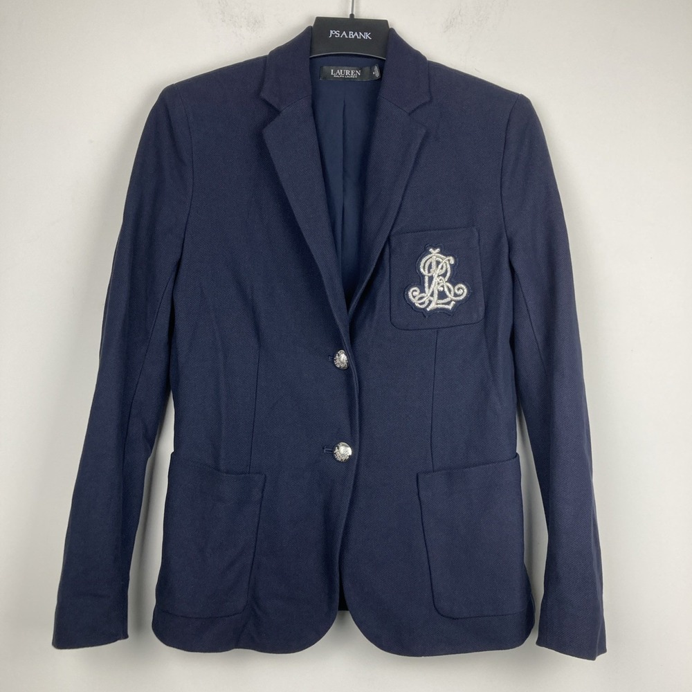Lauren Ralph Lauren Women's Bullion Jacquard Blazer Navy Silver Button Size M - Picture 8 of 13